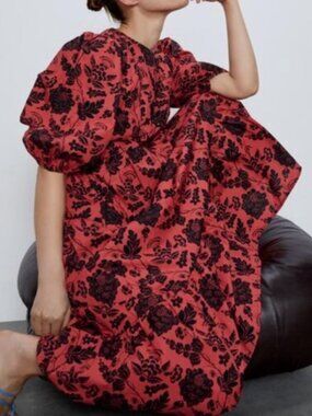 Zara Red & Black Rose Floral Midi Dress